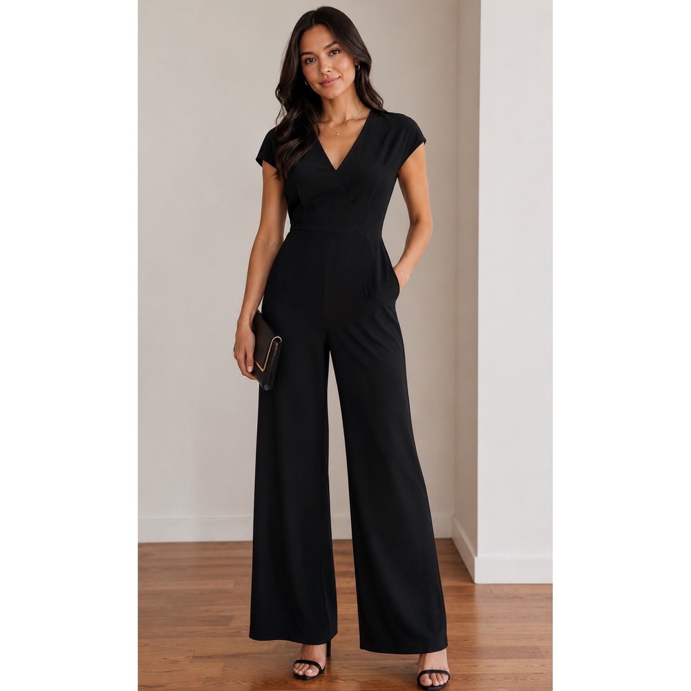 Halston Black Cap Sleeve Wide Leg Jumpsuit V-Neck HWS1840005 Small